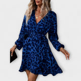 Elegant Leopard Print Dress with V-Neck and Belt