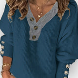 Loose V-Neck Sweater with Button Details