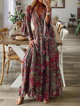 Boho Chic Ruffle Hem Bell Sleeve Maxi Dress