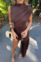 High Neck Ruched Draped Maxi Dress