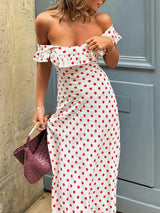 Off-Shoulder Polka Dot Ruffle Hem Maxi Sundress