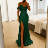Off-Shoulder Sequin Maxi Dress With V-Neckline And High Slit