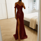 Off-Shoulder Sequin Maxi Dress With V-Neckline And High Slit