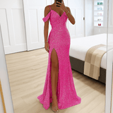 Off-Shoulder Sequin Maxi Dress With V-Neckline And High Slit