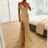 Off-Shoulder Sequin Maxi Dress With V-Neckline And High Slit