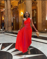 Pleated One-Shoulder Formal Evening Gown