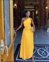 Pleated One-Shoulder Formal Evening Gown