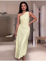 Pleated One-Shoulder Formal Evening Gown