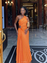 Pleated One-Shoulder Formal Evening Gown