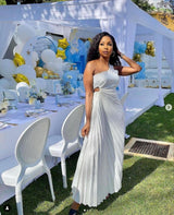 Pleated One-Shoulder Formal Evening Gown