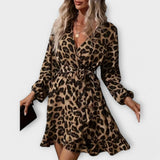 Elegant Leopard Print Dress with V-Neck and Belt