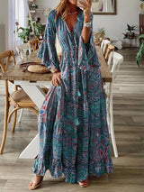 Boho Chic Ruffle Hem Bell Sleeve Maxi Dress
