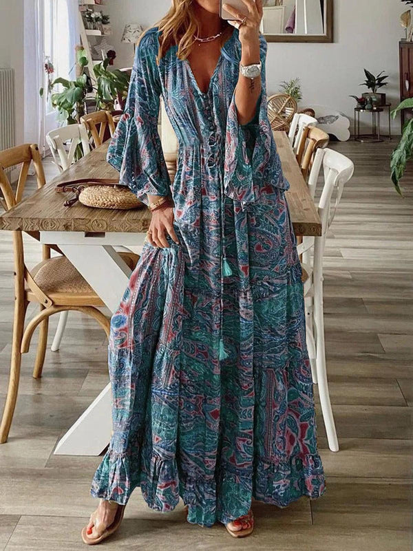 Boho Chic Ruffle Hem Bell Sleeve Maxi Dress