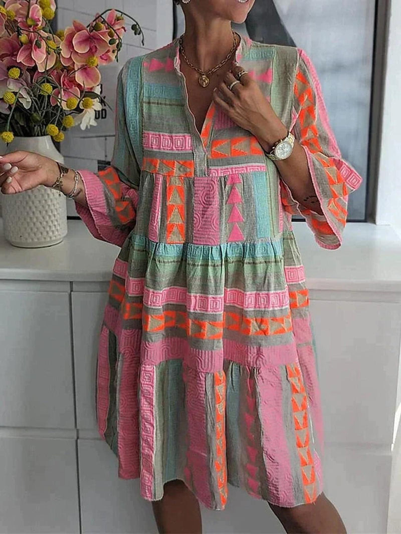 Geometric Boho Midi Dress With Three-Quarter Sleeves