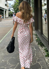 Off-Shoulder Polka Dot Ruffle Hem Maxi Sundress