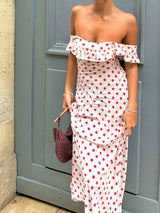 Off-Shoulder Polka Dot Ruffle Hem Maxi Sundress