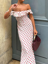 Off-Shoulder Polka Dot Ruffle Hem Maxi Sundress