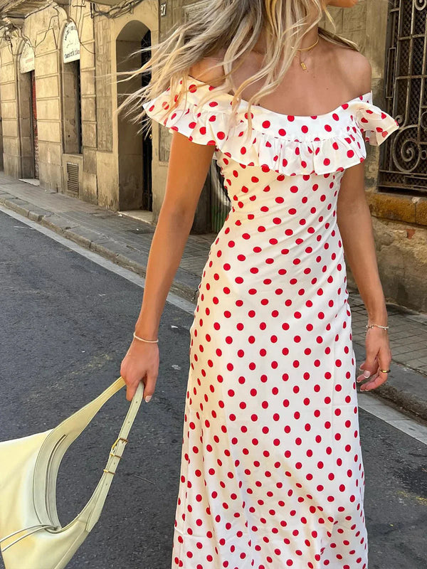 Off-Shoulder Polka Dot Ruffle Hem Maxi Sundress