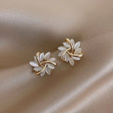 Gold Leaf White Opal Stud Earrings