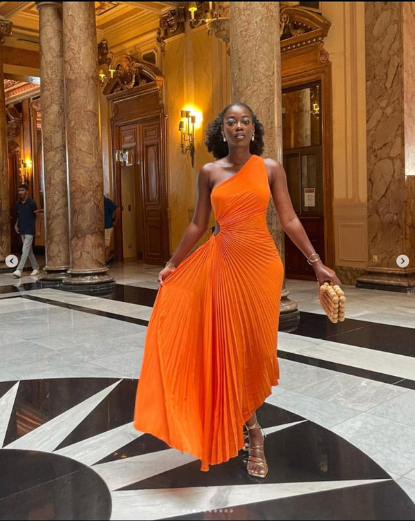 Pleated One-Shoulder Formal Evening Gown