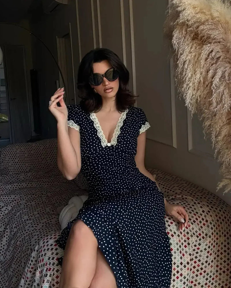 Polka Dot Lace-Trim Midi Dress