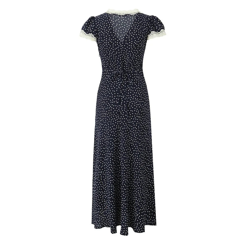 Polka Dot Lace-Trim Midi Dress
