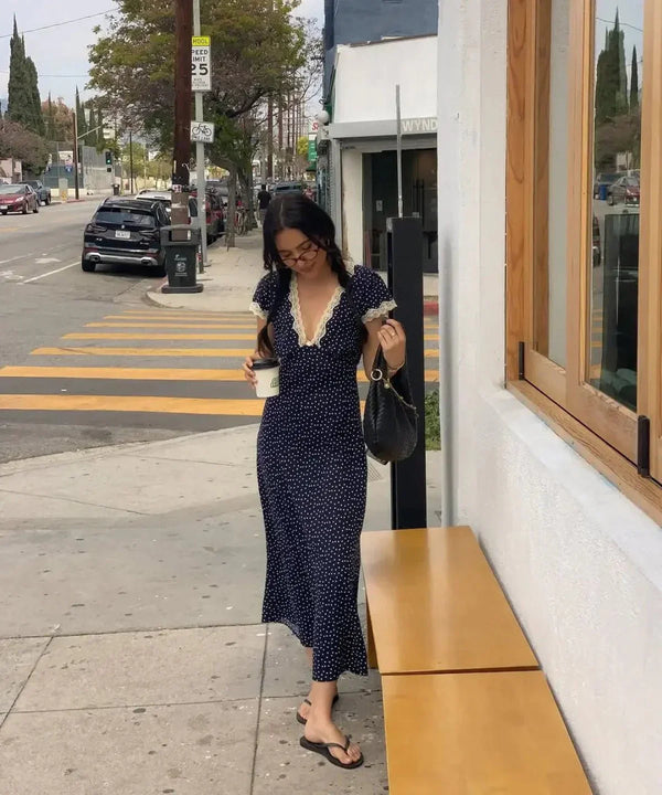 Polka Dot Lace-Trim Midi Dress