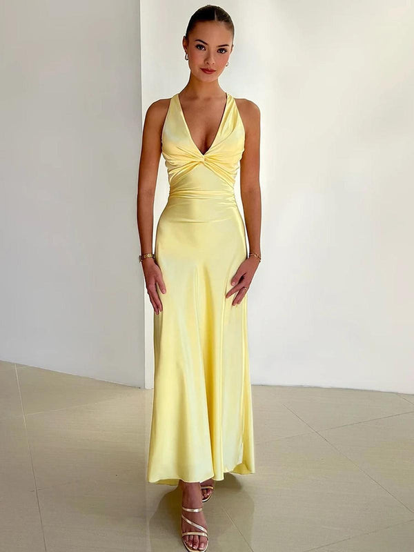 Satin Halter Neck Sleeveless Evening Gown